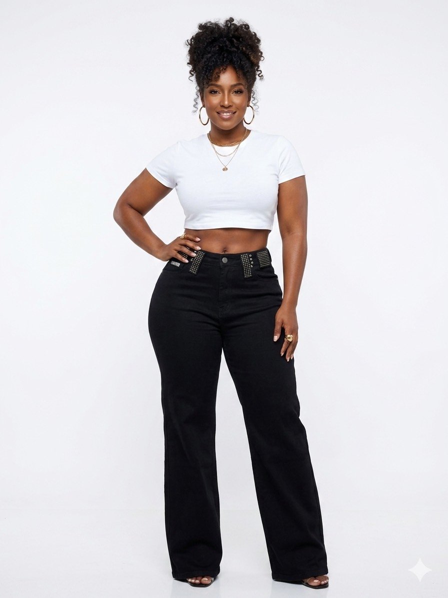 Luchino Onyx Studded-Waist Wide-Leg Denim